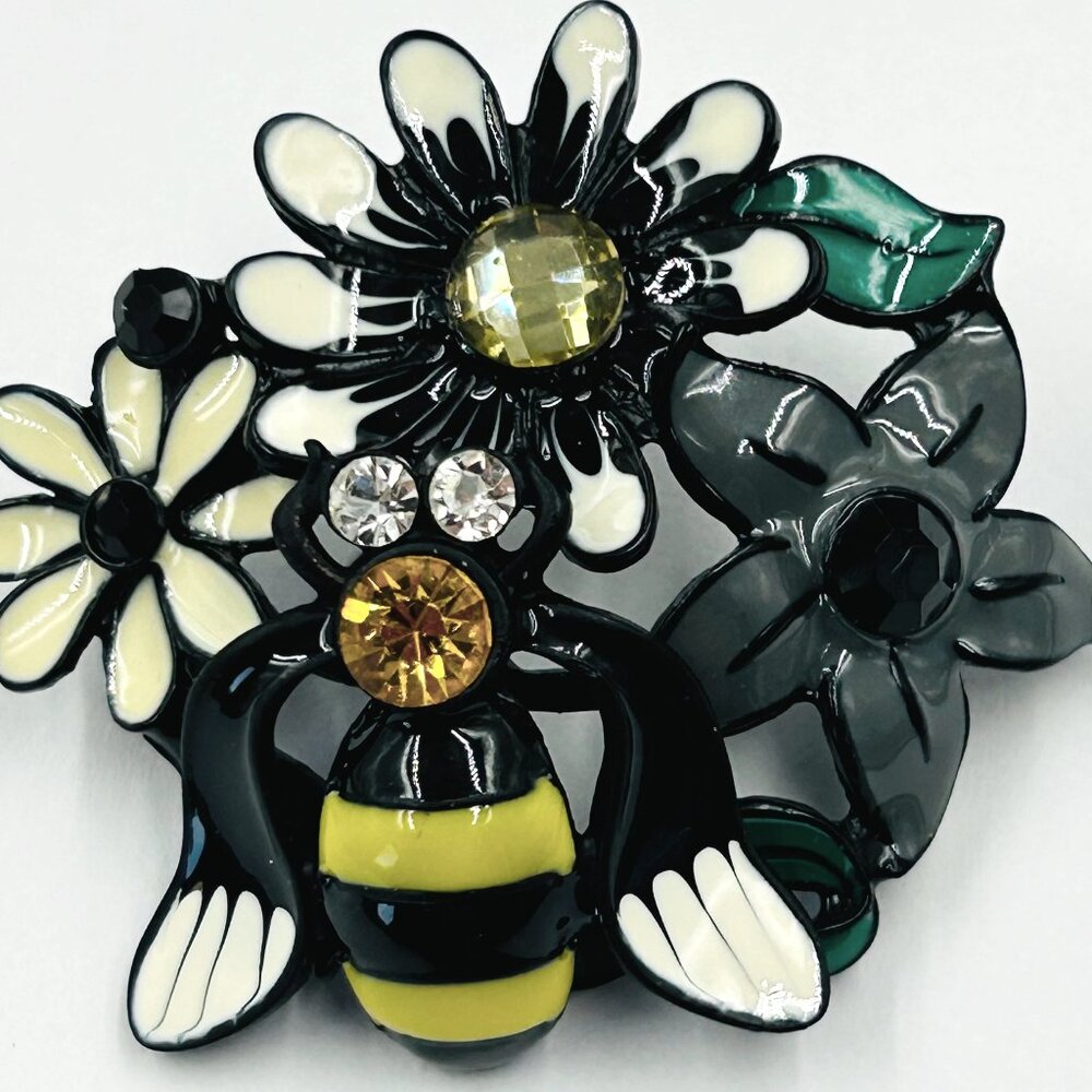 VINTAGE BROOCH BUMBLEBEE BUMBLE BEE & FLOWERS RHINESTONE ENAMEL